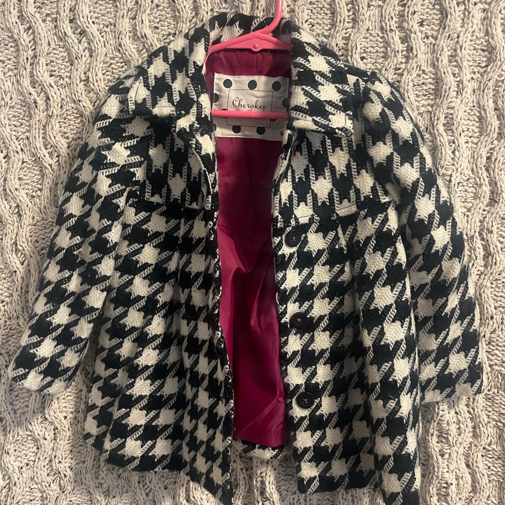 Cherokee Black and White Houndstooth Pea Coat with Pink Interior